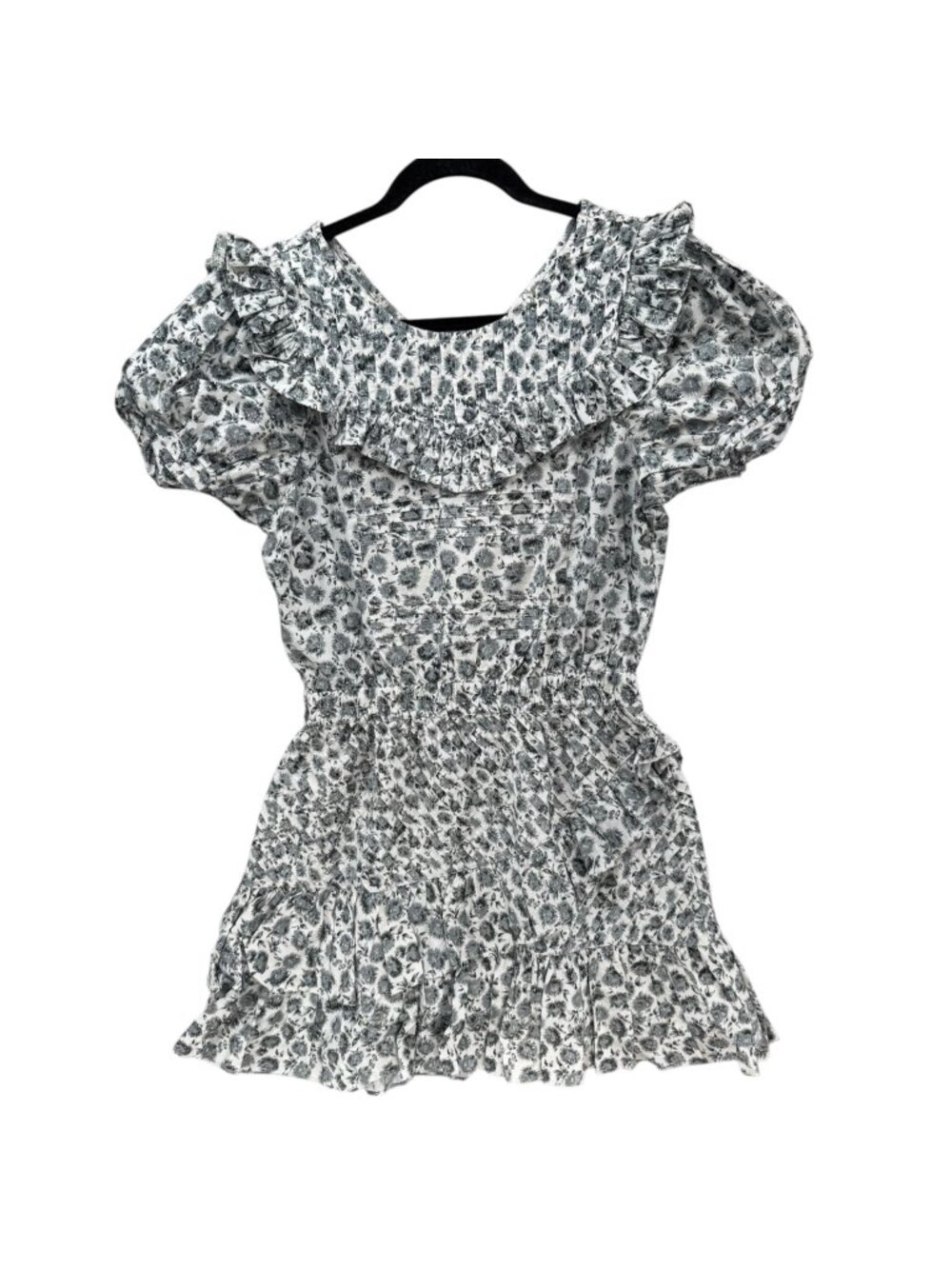 LoveShackFancy Floreen Mini Dress Grey Floral Short Sleeve Ruffle Size XS NWD
